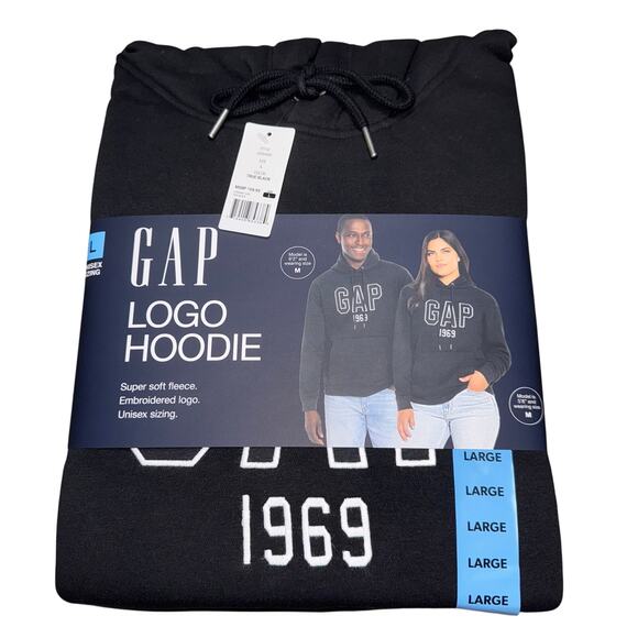 GAP Hoodie Mens Large True Black Logo 1969 Embroidered Pullover Fleece - Picture 2 of 13